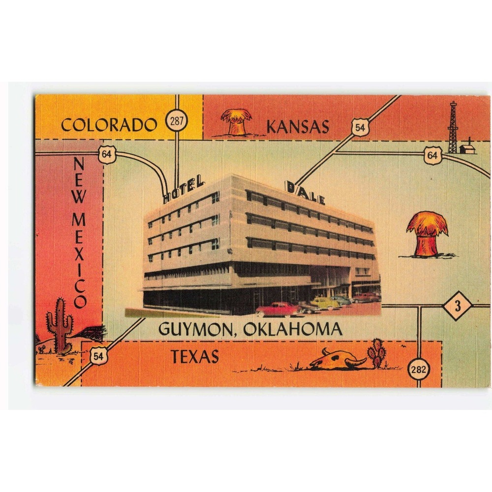 Vintage Hotel Dale Guymon Oklahoma Map Postcard MWM Color-Litho 12439F